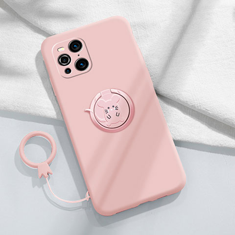 Silikon Hülle Handyhülle Ultra Dünn Schutzhülle Tasche Flexible mit Magnetisch Fingerring Ständer S03 für Oppo Find X3 Pro 5G Rosa