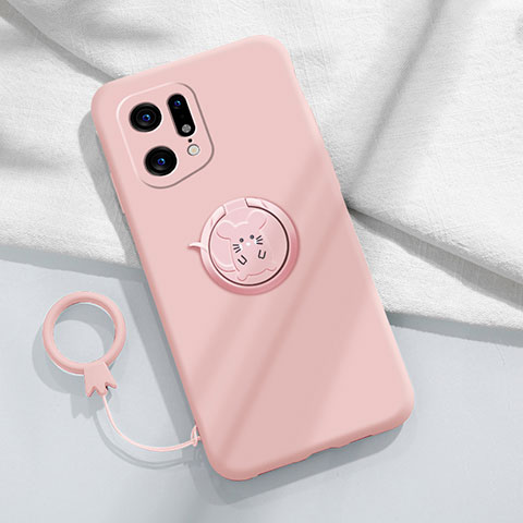 Silikon Hülle Handyhülle Ultra Dünn Schutzhülle Tasche Flexible mit Magnetisch Fingerring Ständer S03 für Oppo Find X5 Pro 5G Rosa