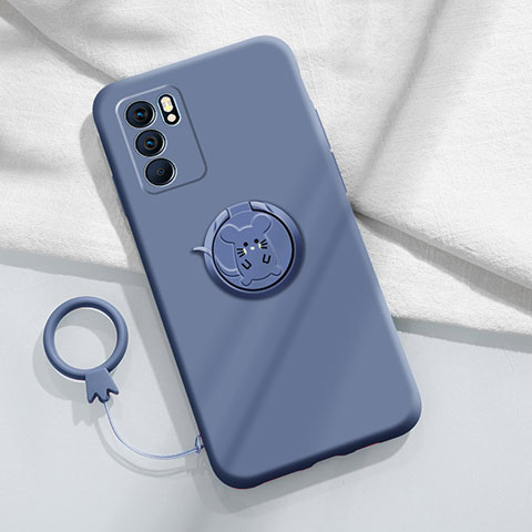 Silikon Hülle Handyhülle Ultra Dünn Schutzhülle Tasche Flexible mit Magnetisch Fingerring Ständer S03 für Oppo Reno6 5G Lavendel Grau