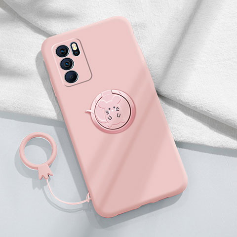 Silikon Hülle Handyhülle Ultra Dünn Schutzhülle Tasche Flexible mit Magnetisch Fingerring Ständer S03 für Oppo Reno6 Pro 5G India Rosa