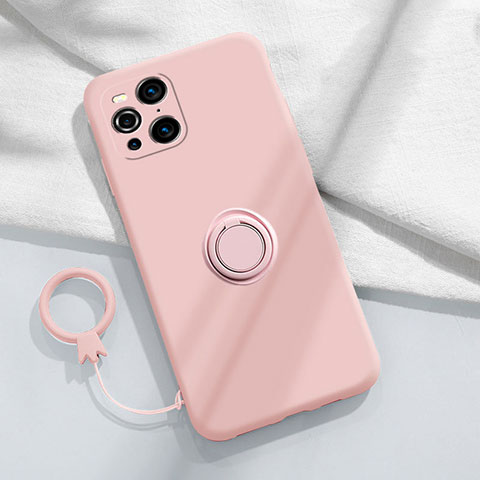 Silikon Hülle Handyhülle Ultra Dünn Schutzhülle Tasche Flexible mit Magnetisch Fingerring Ständer S04 für Oppo Find X3 5G Rosa