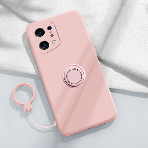 Silikon Hülle Handyhülle Ultra Dünn Schutzhülle Tasche Flexible mit Magnetisch Fingerring Ständer S04 für Oppo Find X5 5G Rosa