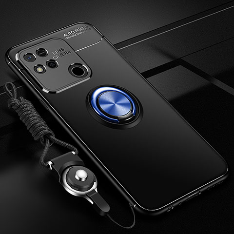Silikon Hülle Handyhülle Ultra Dünn Schutzhülle Tasche Flexible mit Magnetisch Fingerring Ständer SD3 für Xiaomi Redmi 9 India Blau und Schwarz