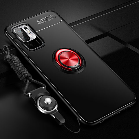 Silikon Hülle Handyhülle Ultra Dünn Schutzhülle Tasche Flexible mit Magnetisch Fingerring Ständer SD3 für Xiaomi Redmi Note 10 5G Rot und Schwarz