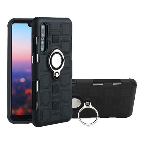 Silikon Hülle Handyhülle Ultra Dünn Schutzhülle Tasche Silikon mit Magnetisch Fingerring Ständer A01 für Huawei P20 Pro Schwarz