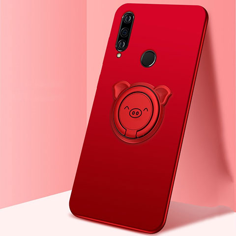 Silikon Hülle Handyhülle Ultra Dünn Schutzhülle Tasche Silikon mit Magnetisch Fingerring Ständer A01 für Huawei P30 Lite Rot