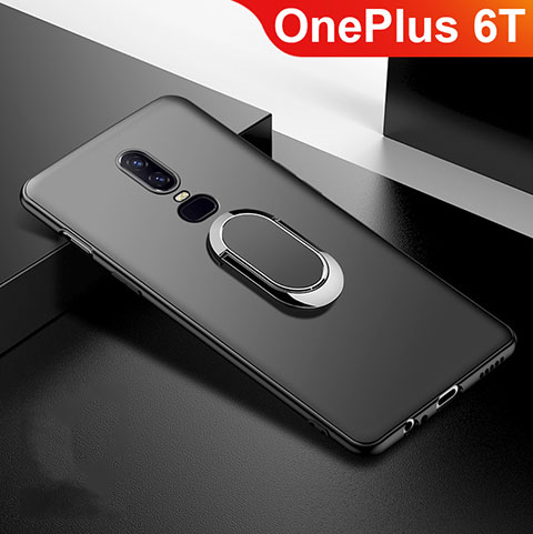 Silikon Hülle Handyhülle Ultra Dünn Schutzhülle Tasche Silikon mit Magnetisch Fingerring Ständer für OnePlus 6T Schwarz