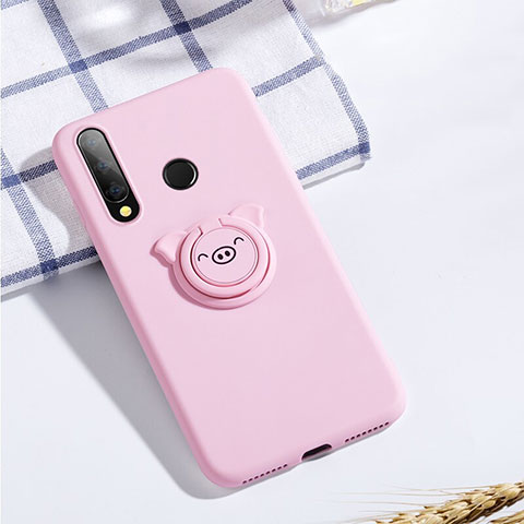 Silikon Hülle Handyhülle Ultra Dünn Schutzhülle Tasche Silikon mit Magnetisch Fingerring Ständer T02 für Huawei Honor 20E Rosa