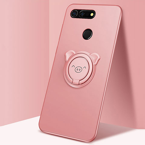 Silikon Hülle Handyhülle Ultra Dünn Schutzhülle Tasche Silikon mit Magnetisch Fingerring Ständer T03 für Huawei Honor View 20 Rosa