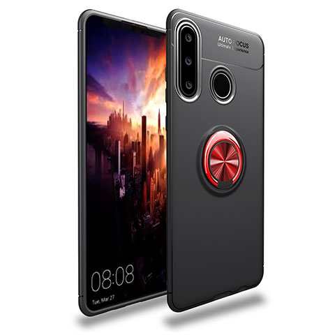 Silikon Hülle Handyhülle Ultra Dünn Schutzhülle Tasche Silikon mit Magnetisch Fingerring Ständer T03 für Huawei P30 Lite Rot und Schwarz