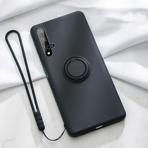 Silikon Hülle Handyhülle Ultra Dünn Schutzhülle Tasche Silikon mit Magnetisch Fingerring Ständer T06 für Huawei Honor 20 Schwarz