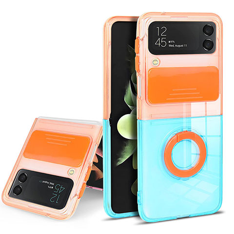 Silikon Hülle Handyhülle Ultradünn Schutzhülle Flexible Tasche Durchsichtig Transparent mit Fingerring Ständer S02 für Samsung Galaxy Z Flip3 5G Orange