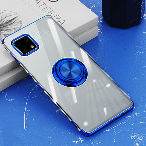 Silikon Hülle Handyhülle Ultradünn Schutzhülle Flexible Tasche Durchsichtig Transparent mit Magnetisch Fingerring Ständer AN1 für Sharp Aquos Sense6 Blau