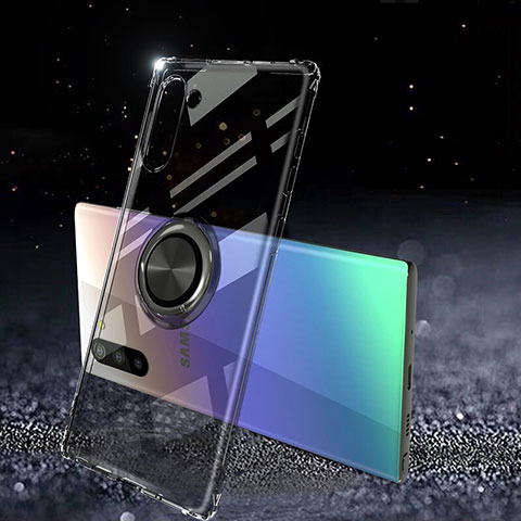 Silikon Hülle Handyhülle Ultradünn Schutzhülle Flexible Tasche Durchsichtig Transparent mit Magnetisch Fingerring Ständer C01 für Samsung Galaxy Note 10 Schwarz