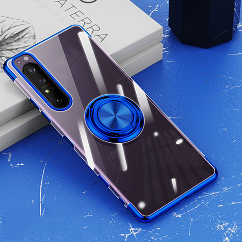 Silikon Hülle Handyhülle Ultradünn Schutzhülle Flexible Tasche Durchsichtig Transparent mit Magnetisch Fingerring Ständer für Sony Xperia 1 III Blau