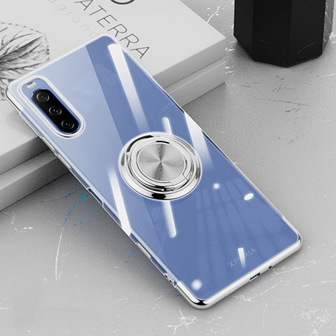 Silikon Hülle Handyhülle Ultradünn Schutzhülle Flexible Tasche Durchsichtig Transparent mit Magnetisch Fingerring Ständer für Sony Xperia 10 III Lite Silber