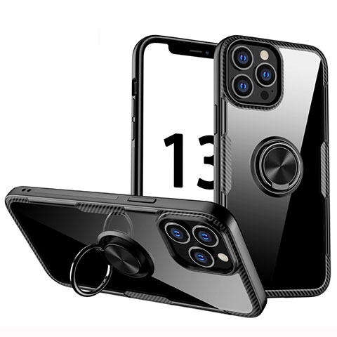 Silikon Hülle Handyhülle Ultradünn Schutzhülle Flexible Tasche Durchsichtig Transparent mit Magnetisch Fingerring Ständer S01 für Apple iPhone 13 Pro Schwarz