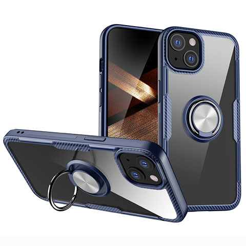 Silikon Hülle Handyhülle Ultradünn Schutzhülle Flexible Tasche Durchsichtig Transparent mit Magnetisch Fingerring Ständer S01 für Apple iPhone 15 Plus Blau