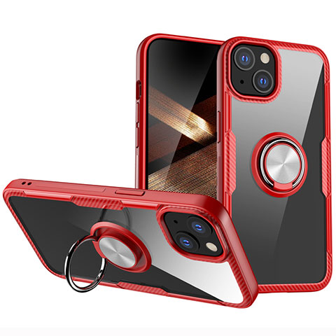 Silikon Hülle Handyhülle Ultradünn Schutzhülle Flexible Tasche Durchsichtig Transparent mit Magnetisch Fingerring Ständer S01 für Apple iPhone 15 Rot