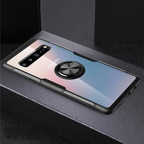 Silikon Hülle Handyhülle Ultradünn Schutzhülle Flexible Tasche Durchsichtig Transparent mit Magnetisch Fingerring Ständer S01 für Samsung Galaxy S10 5G SM-G977B Schwarz