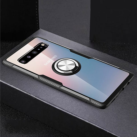 Silikon Hülle Handyhülle Ultradünn Schutzhülle Flexible Tasche Durchsichtig Transparent mit Magnetisch Fingerring Ständer S01 für Samsung Galaxy S10 5G SM-G977B Silber und Schwarz