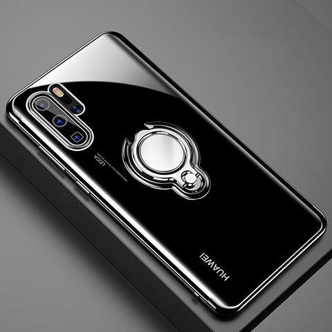 Silikon Hülle Handyhülle Ultradünn Schutzhülle Tasche Durchsichtig Transparent mit Magnetisch Fingerring Ständer C01 für Huawei P30 Pro New Edition Schwarz