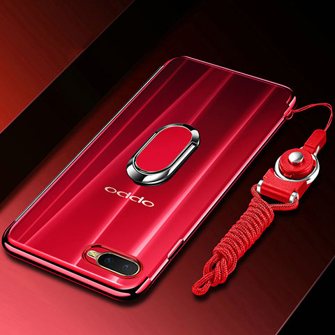 Silikon Hülle Handyhülle Ultradünn Schutzhülle Tasche Durchsichtig Transparent mit Magnetisch Fingerring Ständer C01 für Oppo R17 Neo Rot