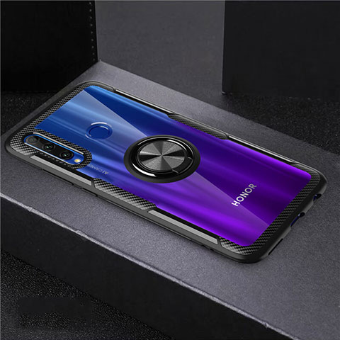 Silikon Hülle Handyhülle Ultradünn Schutzhülle Tasche Durchsichtig Transparent mit Magnetisch Fingerring Ständer C02 für Huawei Honor 10i Schwarz