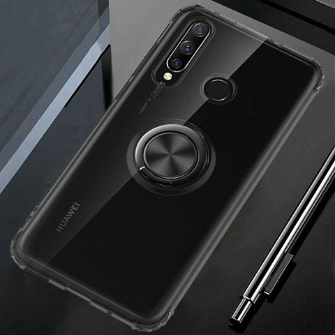 Silikon Hülle Handyhülle Ultradünn Schutzhülle Tasche Durchsichtig Transparent mit Magnetisch Fingerring Ständer C02 für Huawei P30 Lite XL Schwarz