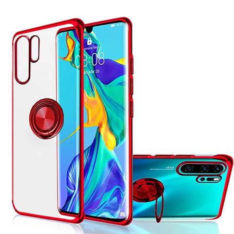 Silikon Hülle Handyhülle Ultradünn Schutzhülle Tasche Durchsichtig Transparent mit Magnetisch Fingerring Ständer C04 für Huawei P30 Pro Rot