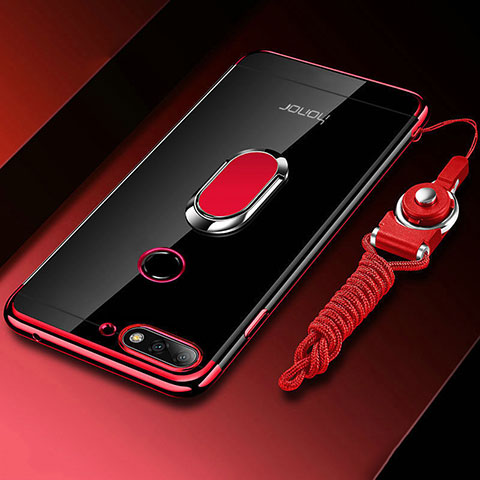 Silikon Hülle Handyhülle Ultradünn Schutzhülle Tasche Durchsichtig Transparent mit Magnetisch Fingerring Ständer S01 für Huawei Y6 (2018) Rot