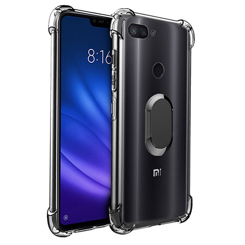 Silikon Hülle Handyhülle Ultradünn Schutzhülle Tasche Durchsichtig Transparent mit Magnetisch Fingerring Ständer S01 für Xiaomi Mi 8 Lite Schwarz