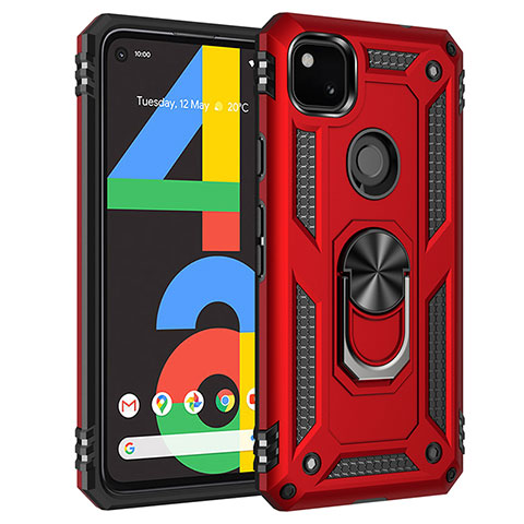 Silikon Hülle Handyhülle und Kunststoff Schutzhülle Hartschalen Tasche mit Magnetisch Fingerring Ständer für Google Pixel 4a Rot