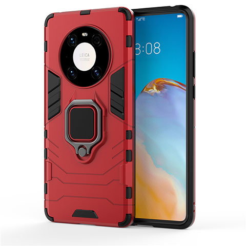 Silikon Hülle Handyhülle und Kunststoff Schutzhülle Hartschalen Tasche mit Magnetisch Fingerring Ständer für Huawei Mate 40 Pro Rot