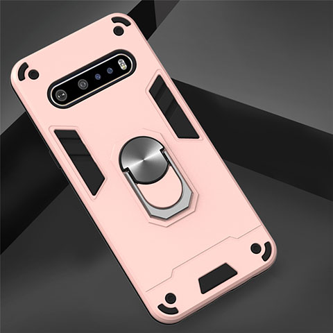 Silikon Hülle Handyhülle und Kunststoff Schutzhülle Hartschalen Tasche mit Magnetisch Fingerring Ständer für LG V60 ThinQ 5G Rosegold