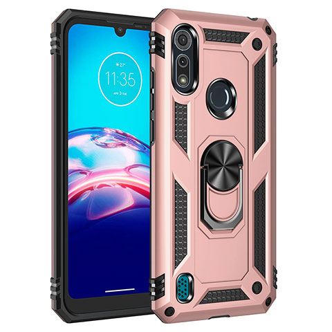 Silikon Hülle Handyhülle und Kunststoff Schutzhülle Hartschalen Tasche mit Magnetisch Fingerring Ständer für Motorola Moto E6s (2020) Rosegold