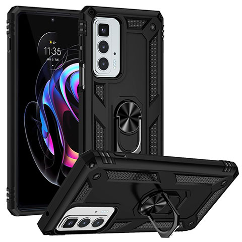 Silikon Hülle Handyhülle und Kunststoff Schutzhülle Hartschalen Tasche mit Magnetisch Fingerring Ständer für Motorola Moto Edge 20 Pro 5G Schwarz