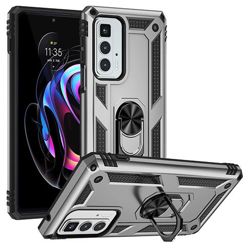 Silikon Hülle Handyhülle und Kunststoff Schutzhülle Hartschalen Tasche mit Magnetisch Fingerring Ständer für Motorola Moto Edge 20 Pro 5G Silber