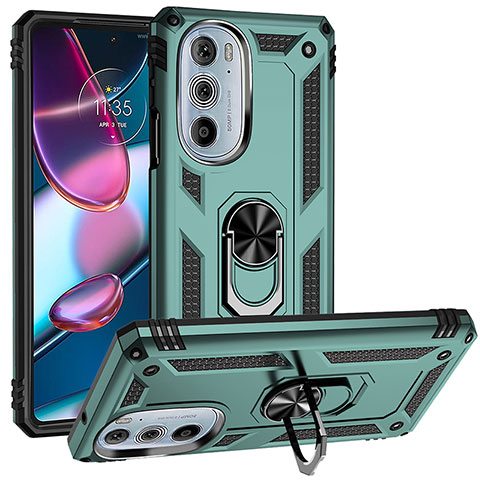 Silikon Hülle Handyhülle und Kunststoff Schutzhülle Hartschalen Tasche mit Magnetisch Fingerring Ständer für Motorola Moto Edge 30 Pro 5G Grün