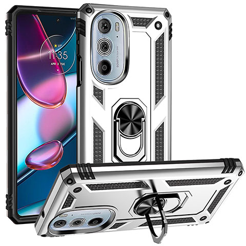 Silikon Hülle Handyhülle und Kunststoff Schutzhülle Hartschalen Tasche mit Magnetisch Fingerring Ständer für Motorola Moto Edge 30 Pro 5G Silber