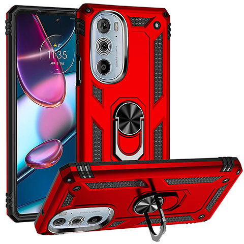 Silikon Hülle Handyhülle und Kunststoff Schutzhülle Hartschalen Tasche mit Magnetisch Fingerring Ständer für Motorola Moto Edge Plus (2022) 5G Rot