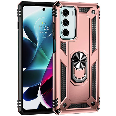 Silikon Hülle Handyhülle und Kunststoff Schutzhülle Hartschalen Tasche mit Magnetisch Fingerring Ständer für Motorola Moto Edge S30 5G Rosegold