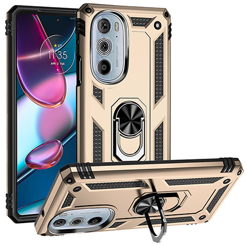 Silikon Hülle Handyhülle und Kunststoff Schutzhülle Hartschalen Tasche mit Magnetisch Fingerring Ständer für Motorola Moto Edge X30 5G Gold