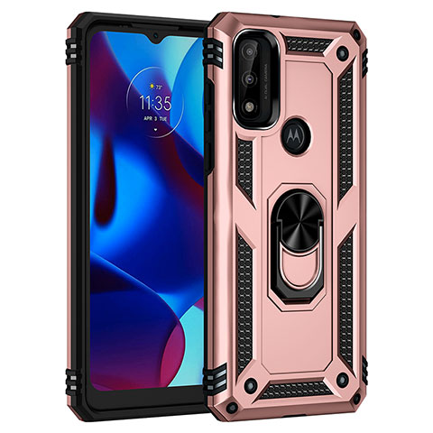 Silikon Hülle Handyhülle und Kunststoff Schutzhülle Hartschalen Tasche mit Magnetisch Fingerring Ständer für Motorola Moto G Pure Rosegold