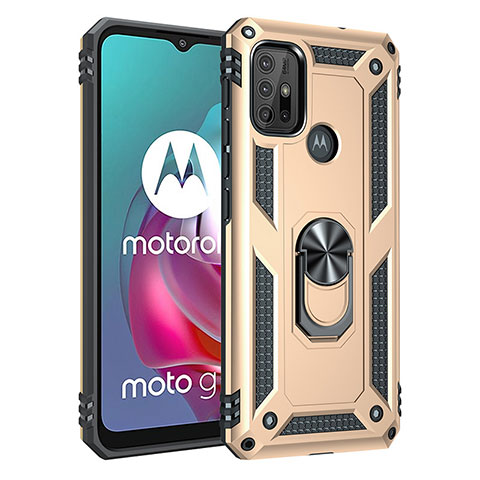 Silikon Hülle Handyhülle und Kunststoff Schutzhülle Hartschalen Tasche mit Magnetisch Fingerring Ständer für Motorola Moto G10 Gold