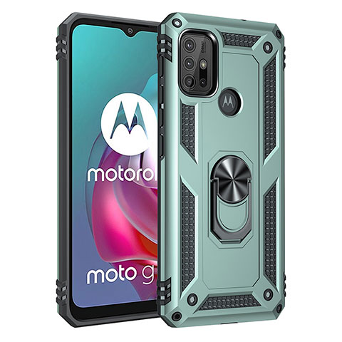 Silikon Hülle Handyhülle und Kunststoff Schutzhülle Hartschalen Tasche mit Magnetisch Fingerring Ständer für Motorola Moto G10 Grün