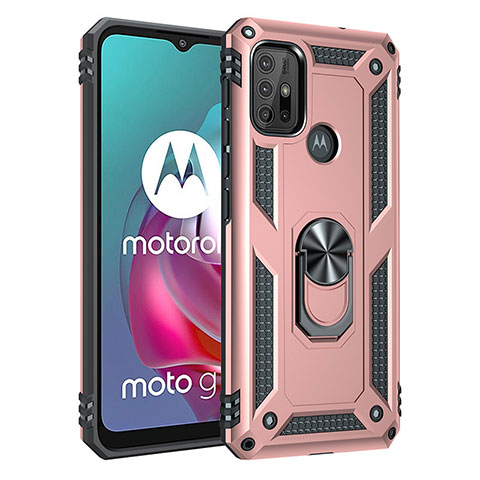 Silikon Hülle Handyhülle und Kunststoff Schutzhülle Hartschalen Tasche mit Magnetisch Fingerring Ständer für Motorola Moto G10 Power Rosegold