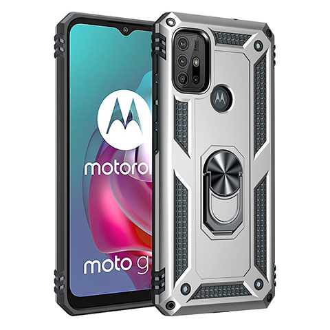 Silikon Hülle Handyhülle und Kunststoff Schutzhülle Hartschalen Tasche mit Magnetisch Fingerring Ständer für Motorola Moto G10 Power Silber