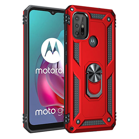 Silikon Hülle Handyhülle und Kunststoff Schutzhülle Hartschalen Tasche mit Magnetisch Fingerring Ständer für Motorola Moto G10 Rot