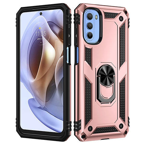 Silikon Hülle Handyhülle und Kunststoff Schutzhülle Hartschalen Tasche mit Magnetisch Fingerring Ständer für Motorola Moto G31 Rosegold